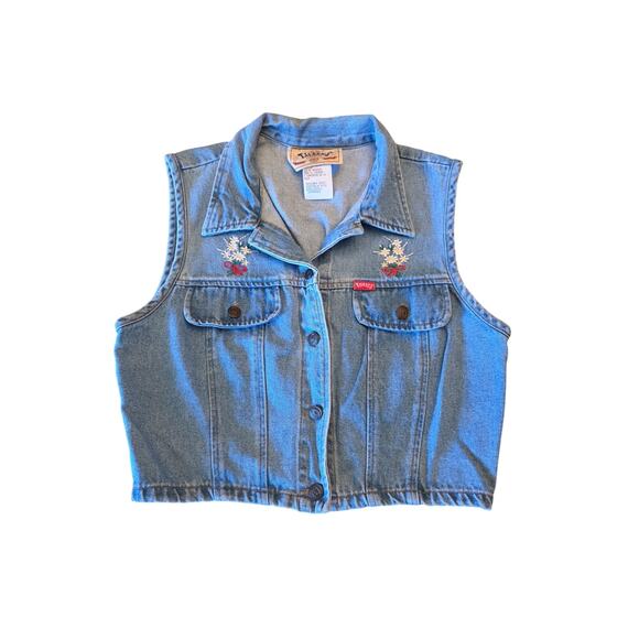 Vintage Tickets Denim Vest Girls 11/12 USA Made Floral Embroidery 90s Y2K - Picture 1 of 9